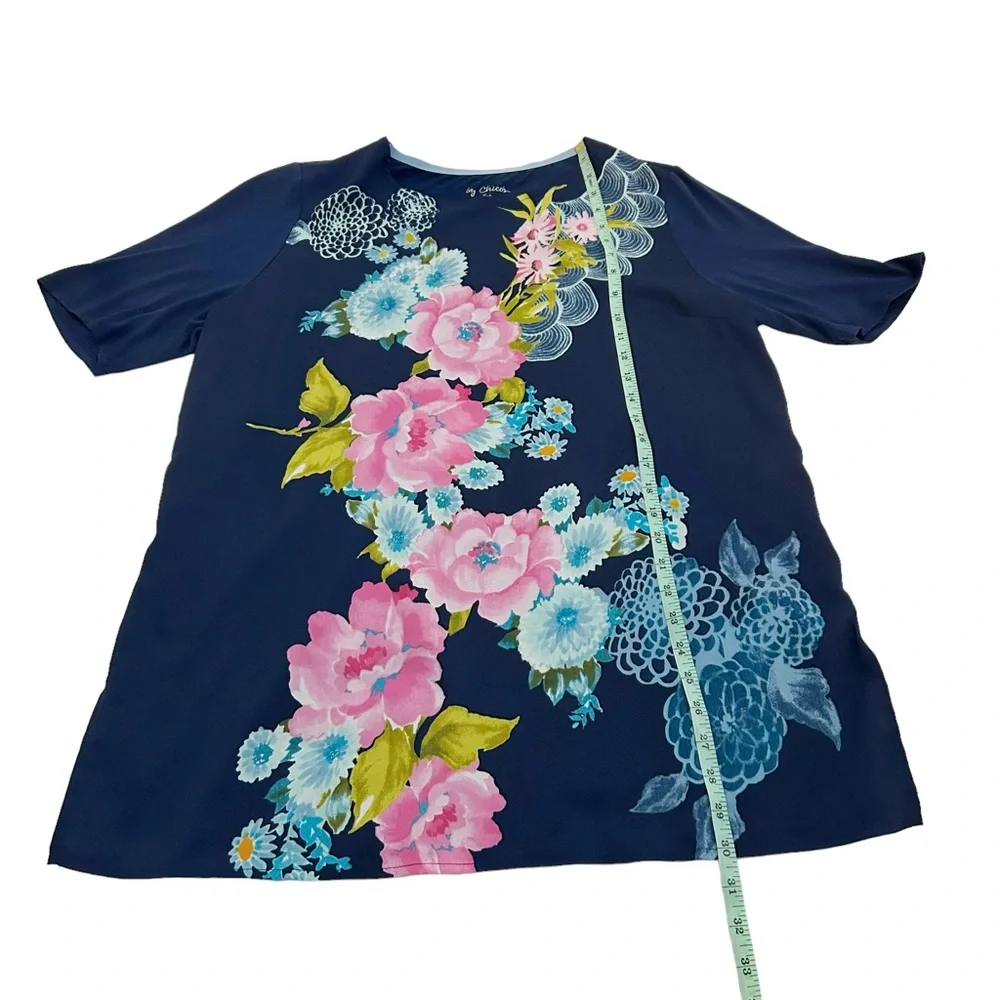 Chico’s Blue Multicolor Floral Garden Party Tunic, Size 2 Medium